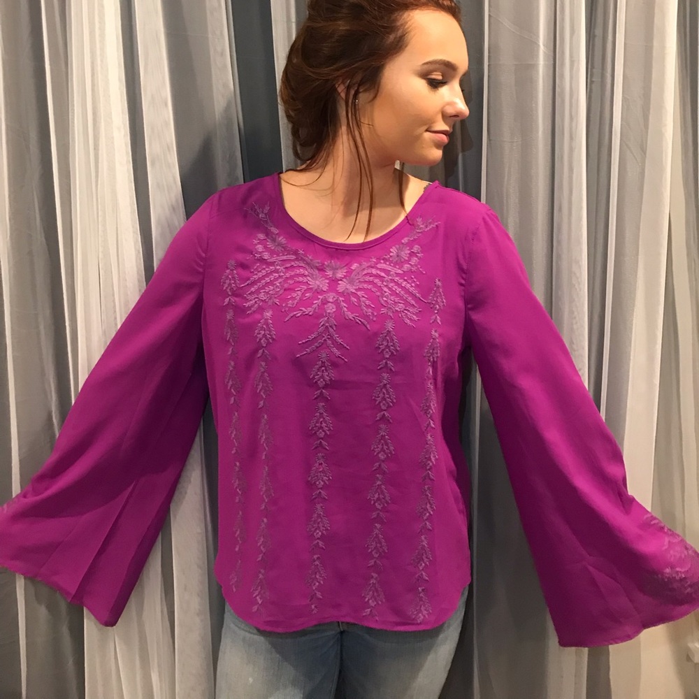 Purple long sleeve embroidered blouse